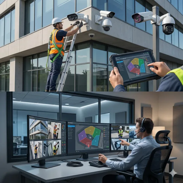 Technician installing AI cameras with digital perimeter mapping