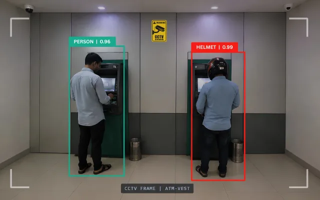 Nitsol AI engine live analysis view classifying a CCTV camera scene in real time, with person and helmet-rule detection annotated