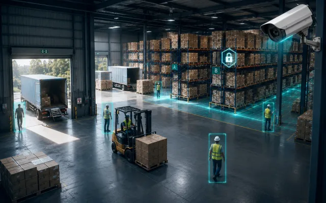 Warehouse with AI surveillance overlays, monitored logistics, and live security coverage